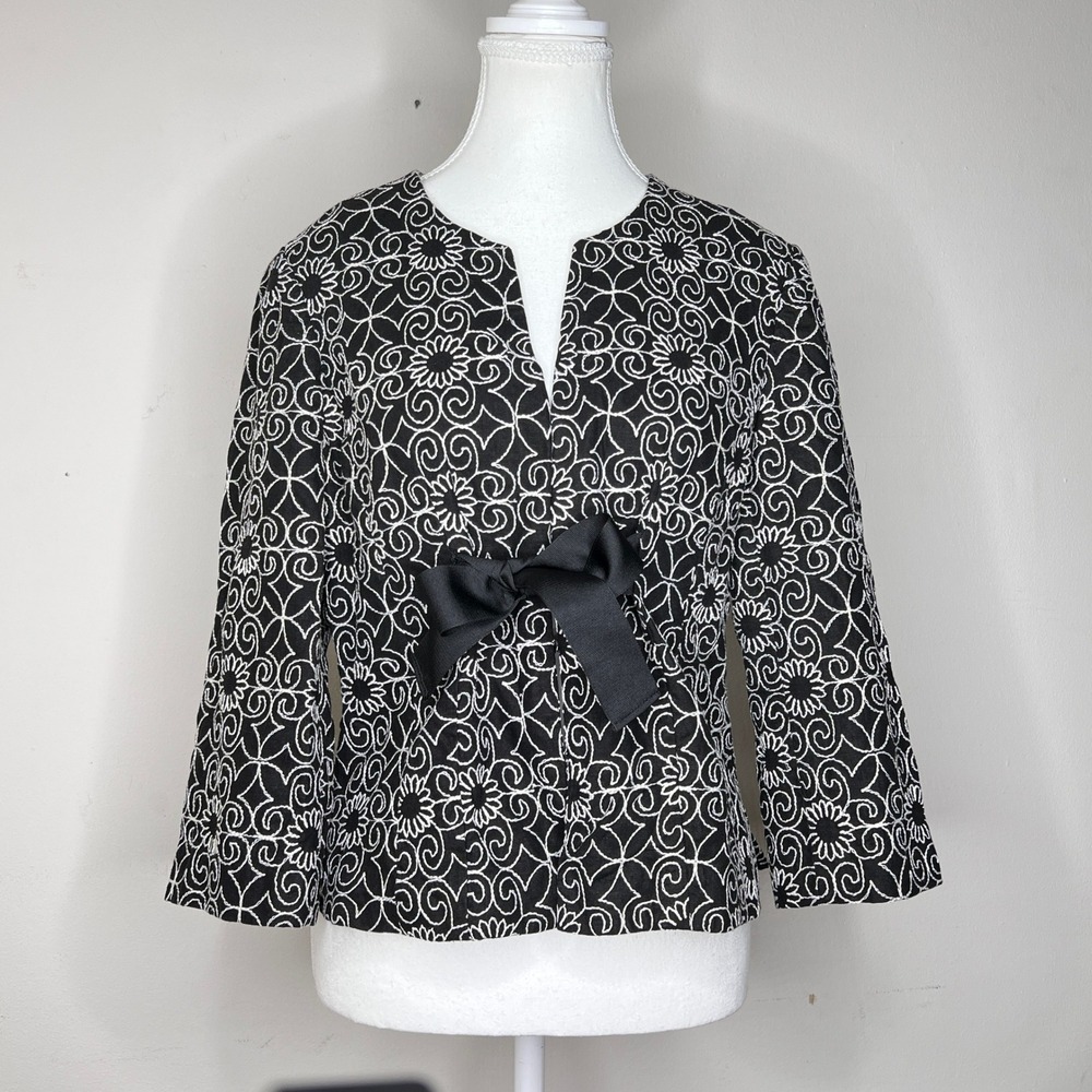 Bandolino Jacket Size 6 Fairycore‎ Floral Embroidered Linen Blend Ribbon Tie Bow
